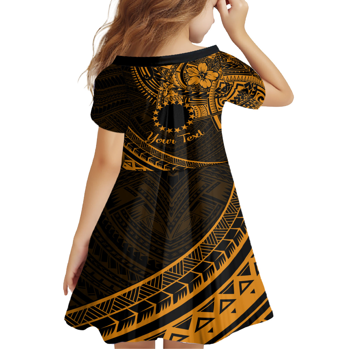 Kia Orana Cook Islands Kid Short Sleeve Dress Circle Stars With Floral Gold Pattern LT01 - Polynesian Pride