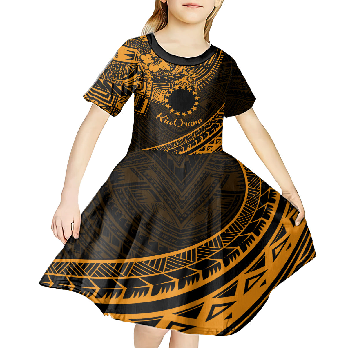 Kia Orana Cook Islands Kid Short Sleeve Dress Circle Stars With Floral Gold Pattern LT01 - Polynesian Pride