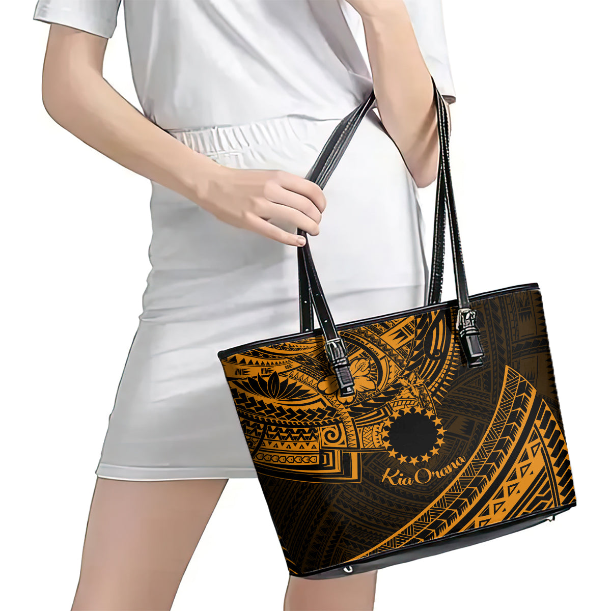 Kia Orana Cook Islands Leather Tote Bag Circle Stars With Floral Gold Pattern LT01 - Polynesian Pride