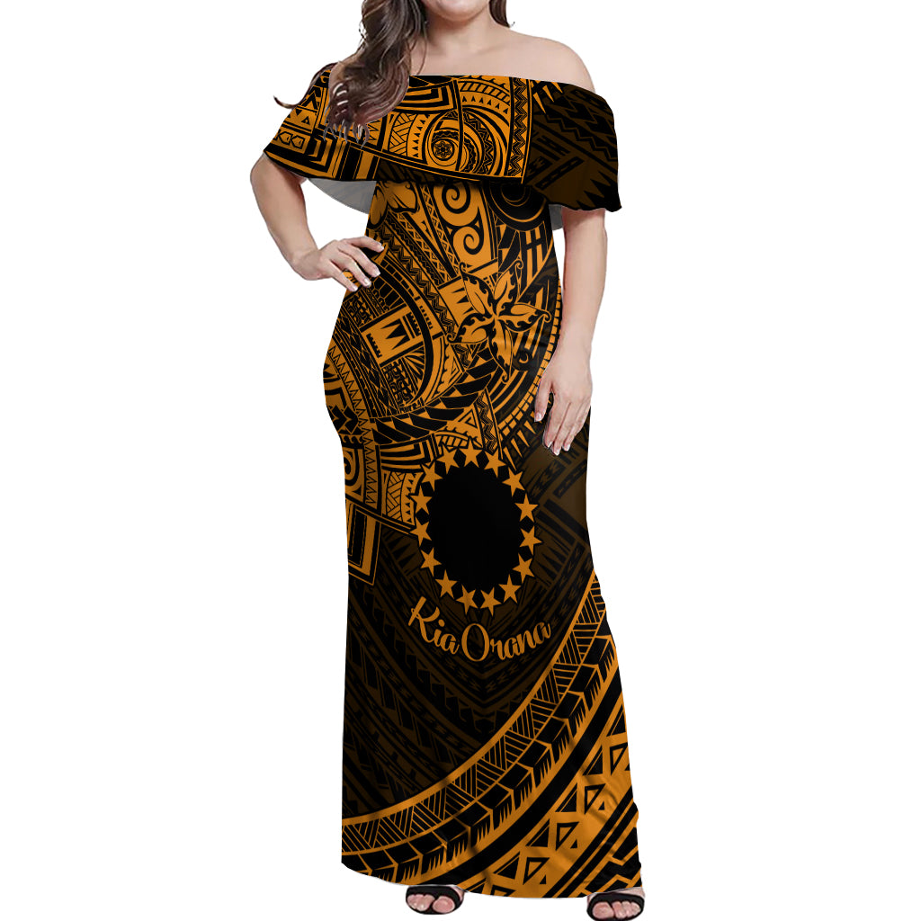 Kia Orana Cook Islands Off Shoulder Maxi Dress Circle Stars With Floral Gold Pattern LT01 Women Gold - Polynesian Pride