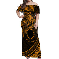 Kia Orana Cook Islands Off Shoulder Maxi Dress Circle Stars With Floral Gold Pattern LT01 Women Gold - Polynesian Pride