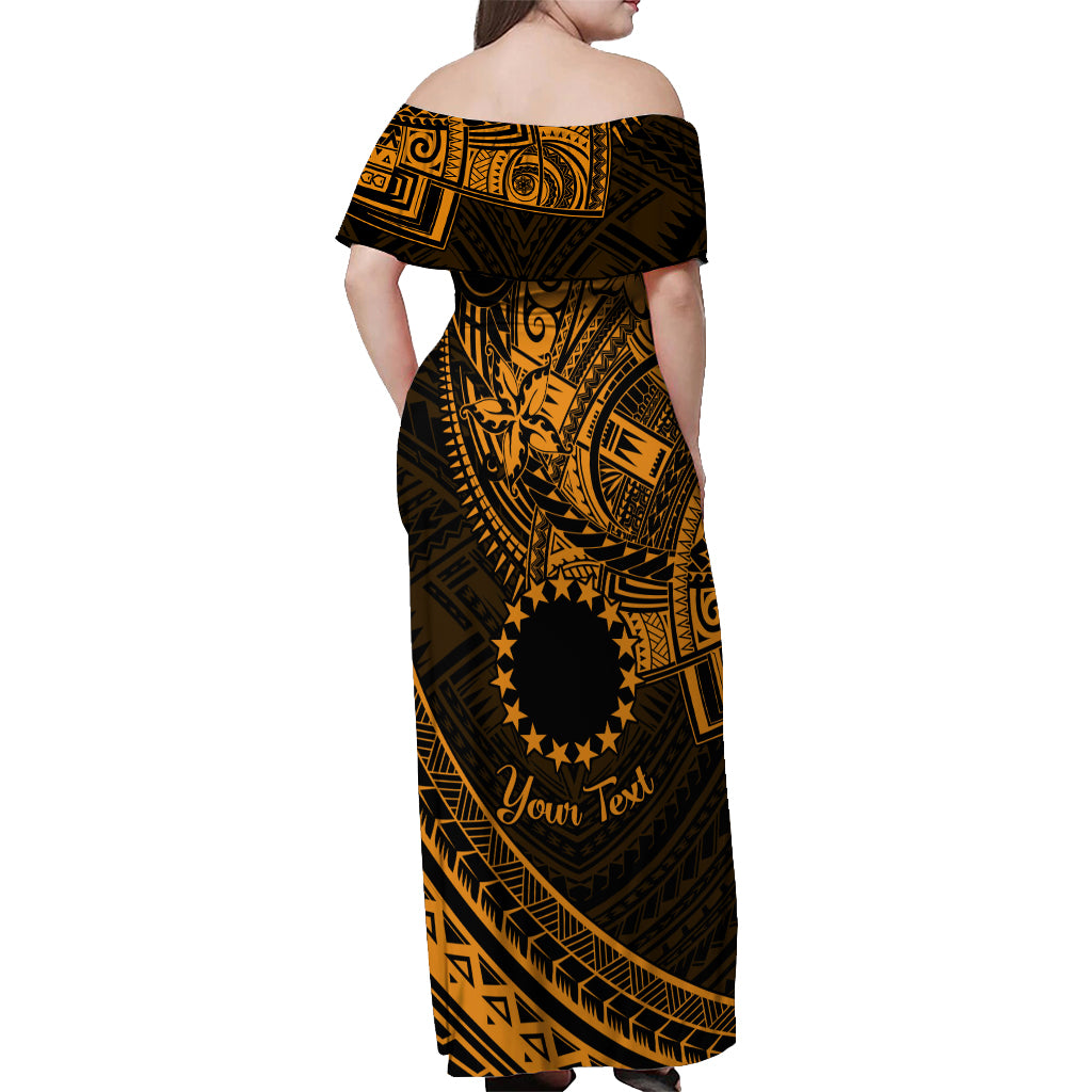 Kia Orana Cook Islands Off Shoulder Maxi Dress Circle Stars With Floral Gold Pattern LT01 - Polynesian Pride