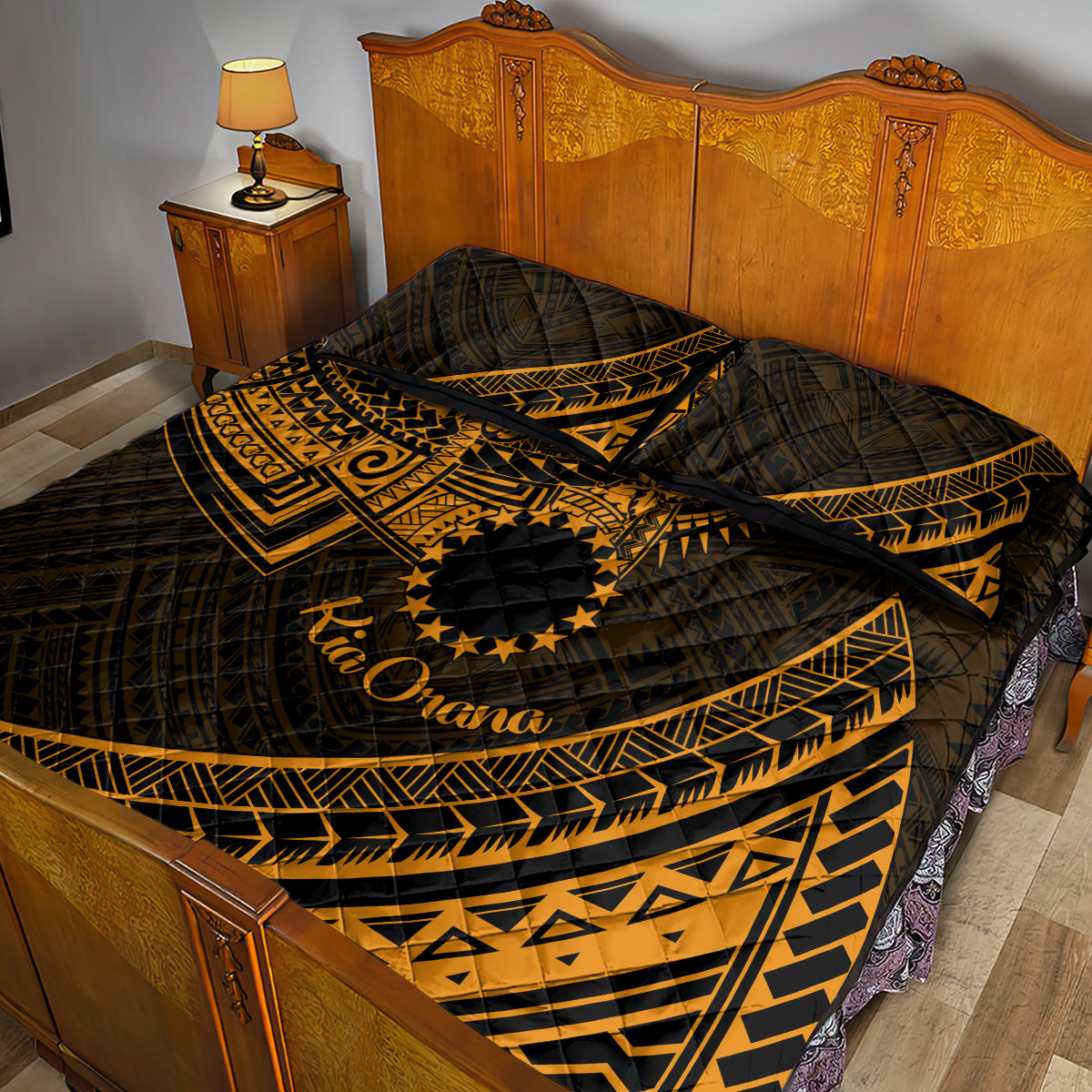 Kia Orana Cook Islands Quilt Bed Set Circle Stars With Floral Gold Pattern LT01 - Polynesian Pride