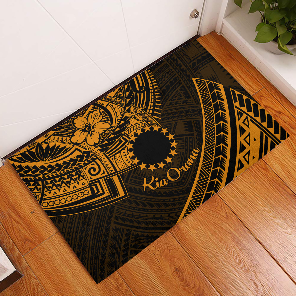 Kia Orana Cook Islands Rubber Doormat Circle Stars With Floral Gold Pattern LT01 Gold - Polynesian Pride