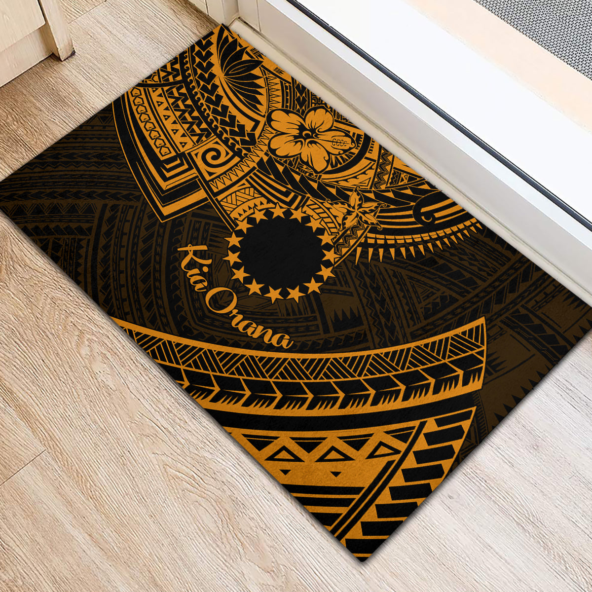 Kia Orana Cook Islands Rubber Doormat Circle Stars With Floral Gold Pattern LT01 - Polynesian Pride