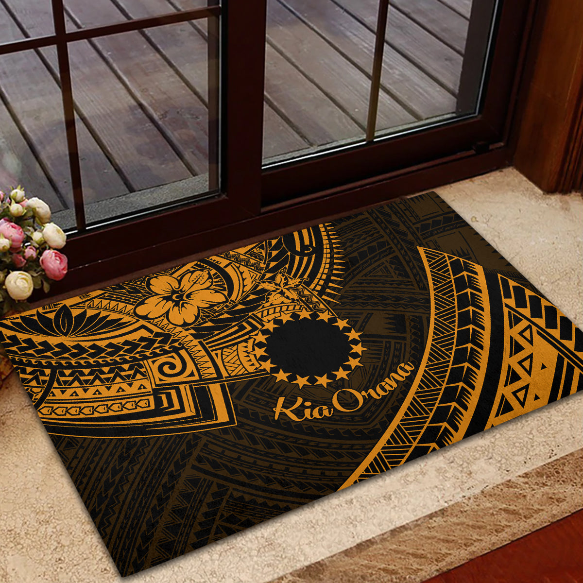 Kia Orana Cook Islands Rubber Doormat Circle Stars With Floral Gold Pattern LT01 - Polynesian Pride