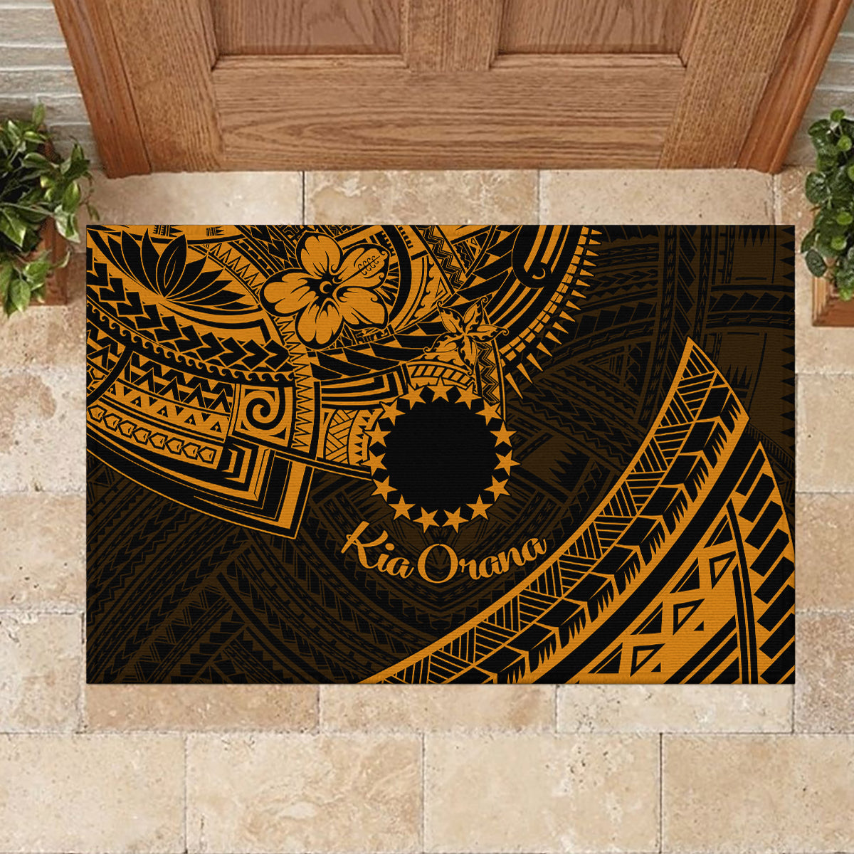 Kia Orana Cook Islands Rubber Doormat Circle Stars With Floral Gold Pattern LT01 - Polynesian Pride