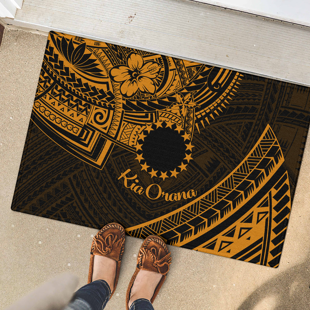 Kia Orana Cook Islands Rubber Doormat Circle Stars With Floral Gold Pattern LT01 - Polynesian Pride