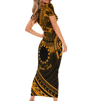 Kia Orana Cook Islands Short Sleeve Bodycon Dress Circle Stars With Floral Gold Pattern LT01 - Polynesian Pride