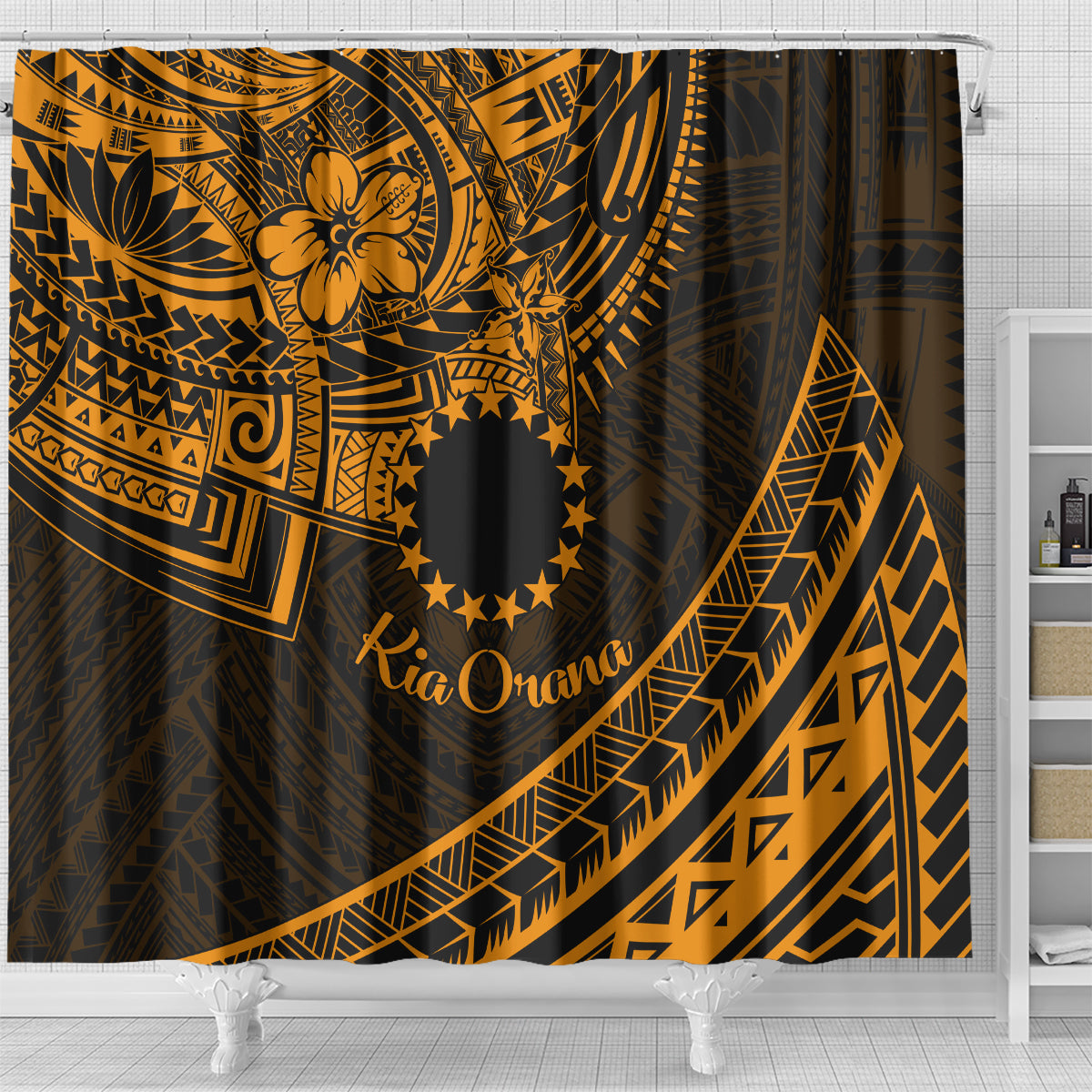 Kia Orana Cook Islands Shower Curtain Circle Stars With Floral Gold Pattern LT01 - Polynesian Pride