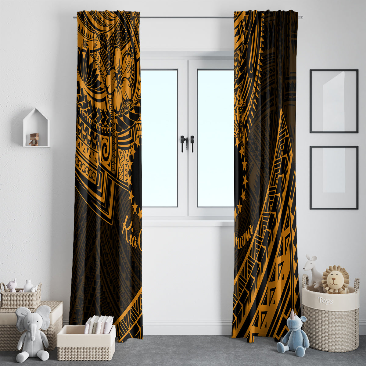 Kia Orana Cook Islands Window Curtain Circle Stars With Floral Gold Pattern LT01 - Polynesian Pride
