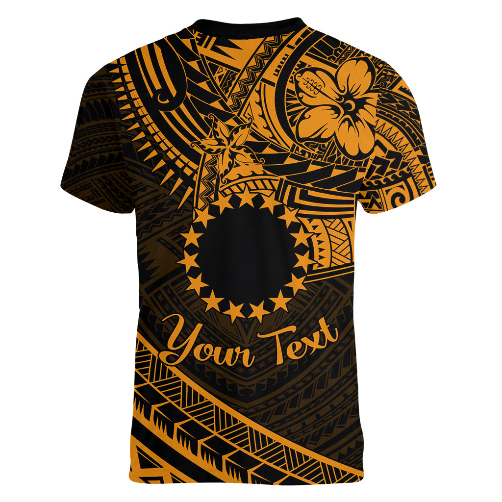 Kia Orana Cook Islands Women V Neck T Shirt Circle Stars With Floral Gold Pattern LT01 - Polynesian Pride