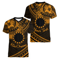 Kia Orana Cook Islands Women V Neck T Shirt Circle Stars With Floral Gold Pattern LT01 - Polynesian Pride