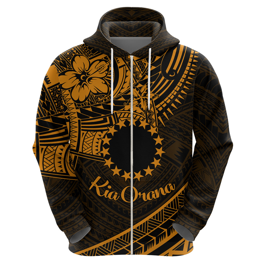 Kia Orana Cook Islands Zip Hoodie Circle Stars With Floral Gold Pattern LT01 - Polynesian Pride