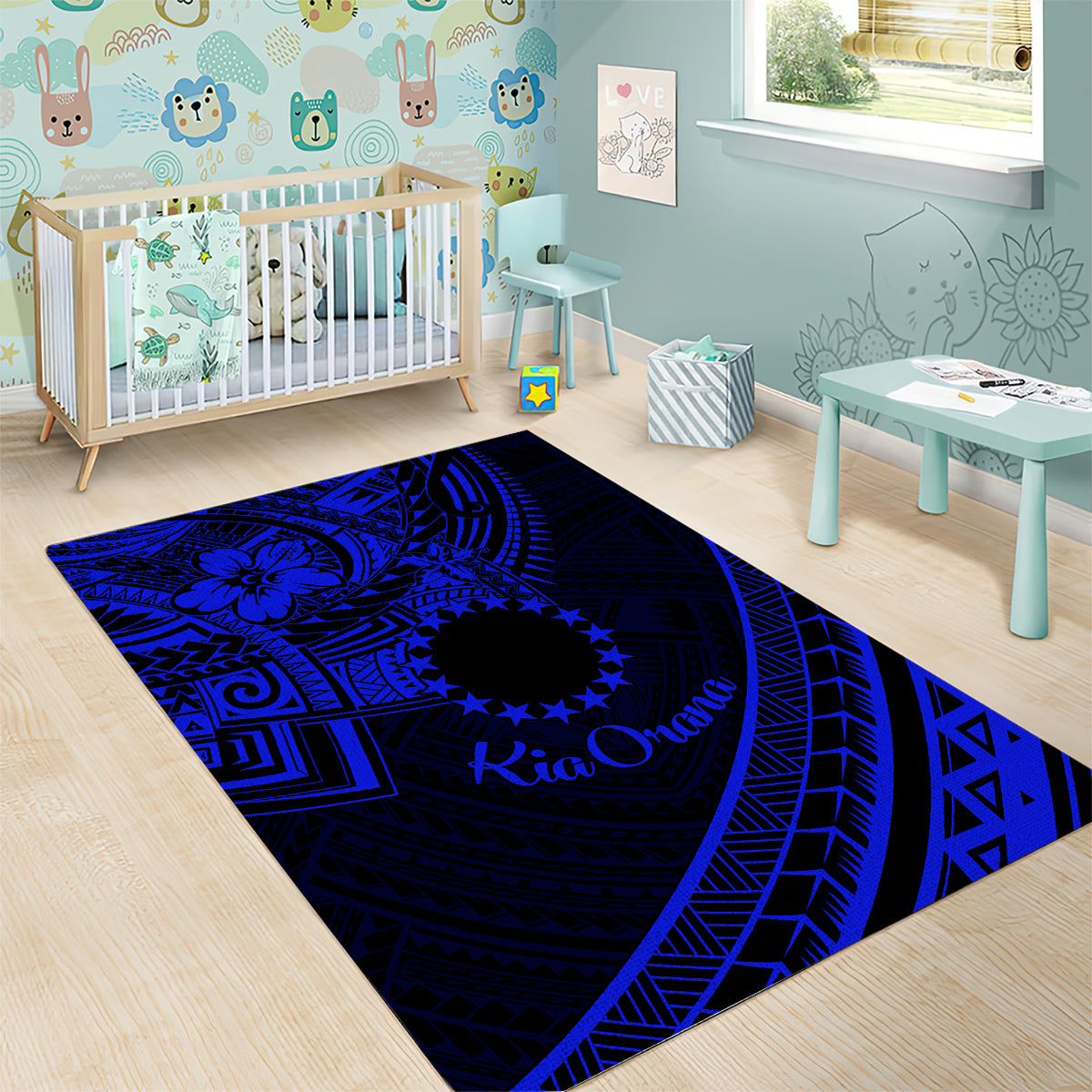 Kia Orana Cook Islands Area Rug Circle Stars With Floral Navy Blue Pattern LT01 - Polynesian Pride
