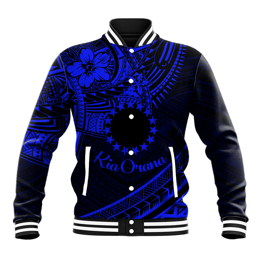 Kia Orana Cook Islands Baseball Jacket Circle Stars With Floral Navy Blue Pattern LT01 Unisex Blue - Polynesian Pride