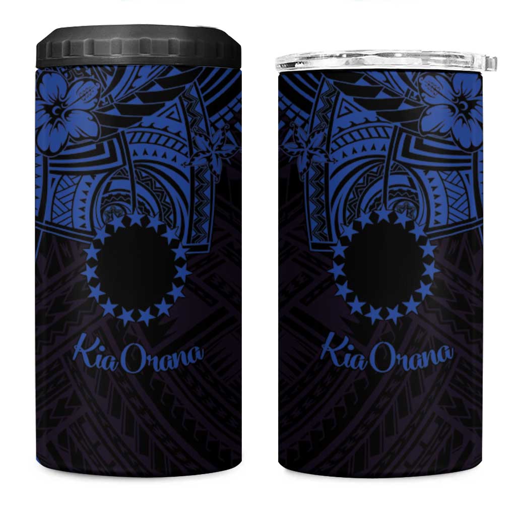 Kia Orana Cook Islands 4 in 1 Can Cooler Tumbler Circle Stars With Floral Navy Blue Pattern