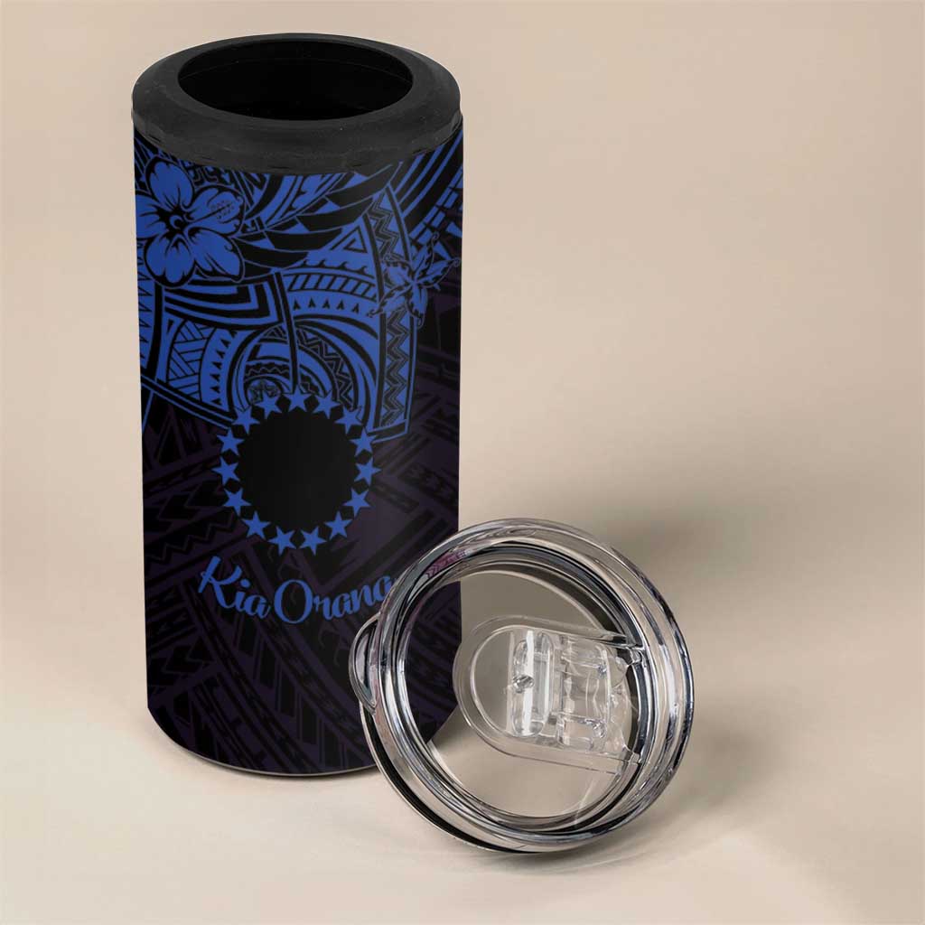 Kia Orana Cook Islands 4 in 1 Can Cooler Tumbler Circle Stars With Floral Navy Blue Pattern