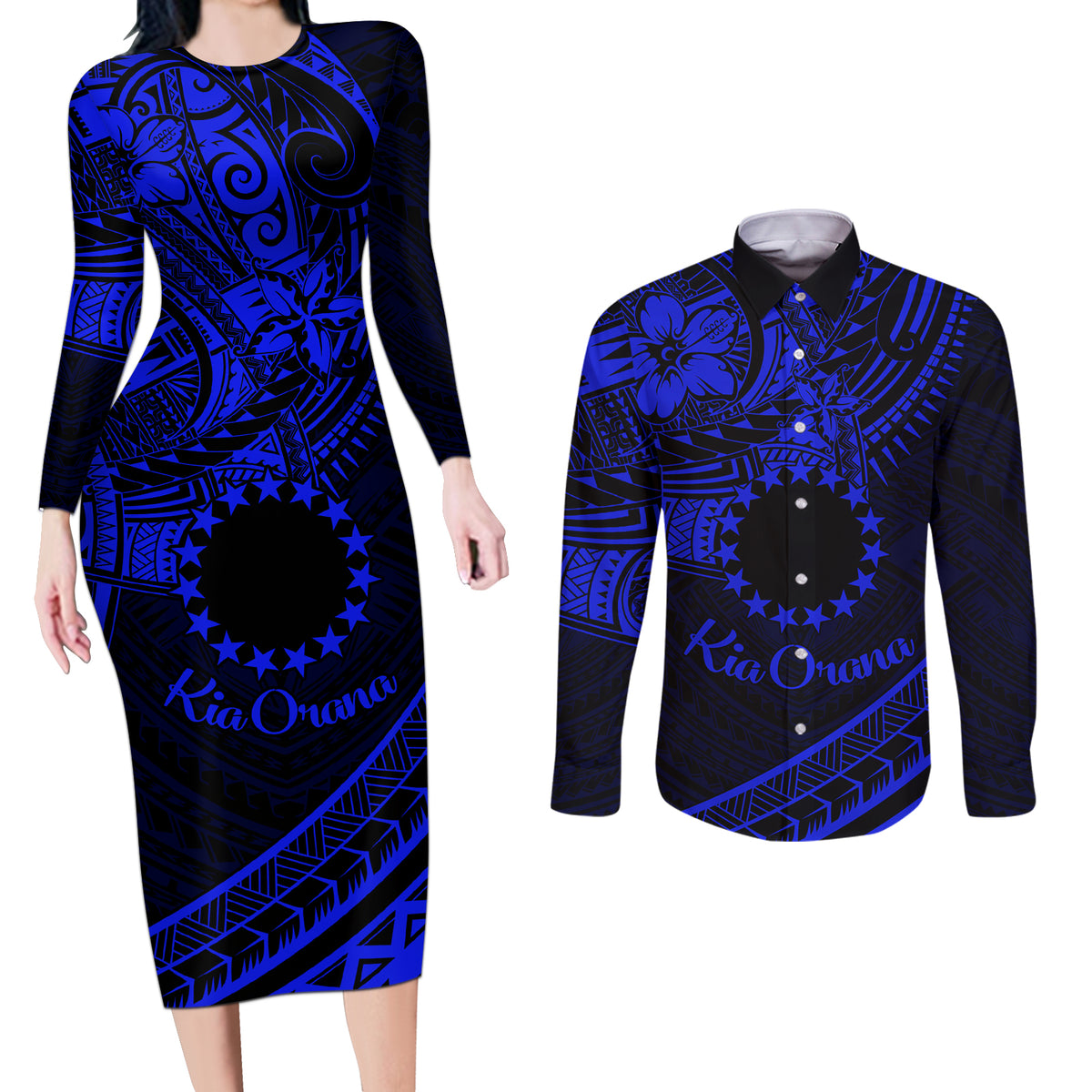 Kia Orana Cook Islands Couples Matching Long Sleeve Bodycon Dress and Long Sleeve Button Shirt Circle Stars With Floral Navy Blue Pattern LT01 Blue - Polynesian Pride