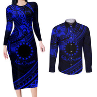 Kia Orana Cook Islands Couples Matching Long Sleeve Bodycon Dress and Long Sleeve Button Shirt Circle Stars With Floral Navy Blue Pattern LT01 Blue - Polynesian Pride