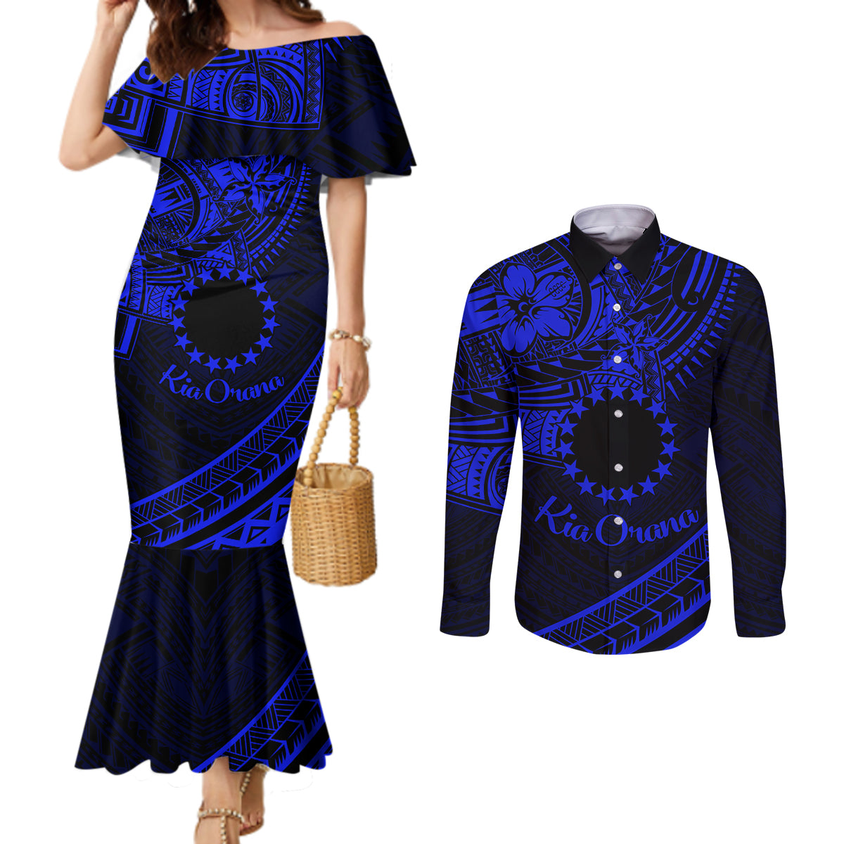 Kia Orana Cook Islands Couples Matching Mermaid Dress and Long Sleeve Button Shirt Circle Stars With Floral Navy Blue Pattern LT01 Blue - Polynesian Pride
