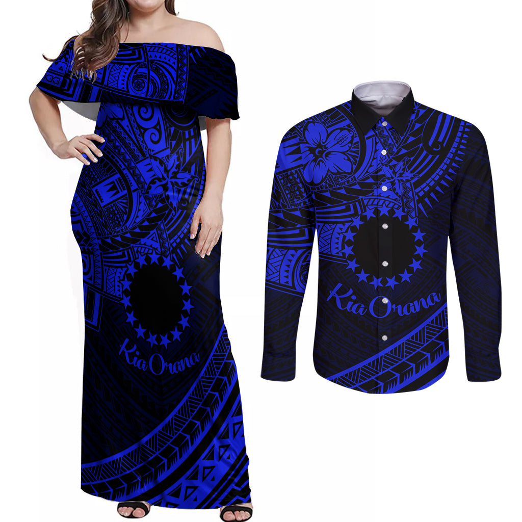 Kia Orana Cook Islands Couples Matching Off Shoulder Maxi Dress and Long Sleeve Button Shirt Circle Stars With Floral Navy Blue Pattern LT01 Blue - Polynesian Pride