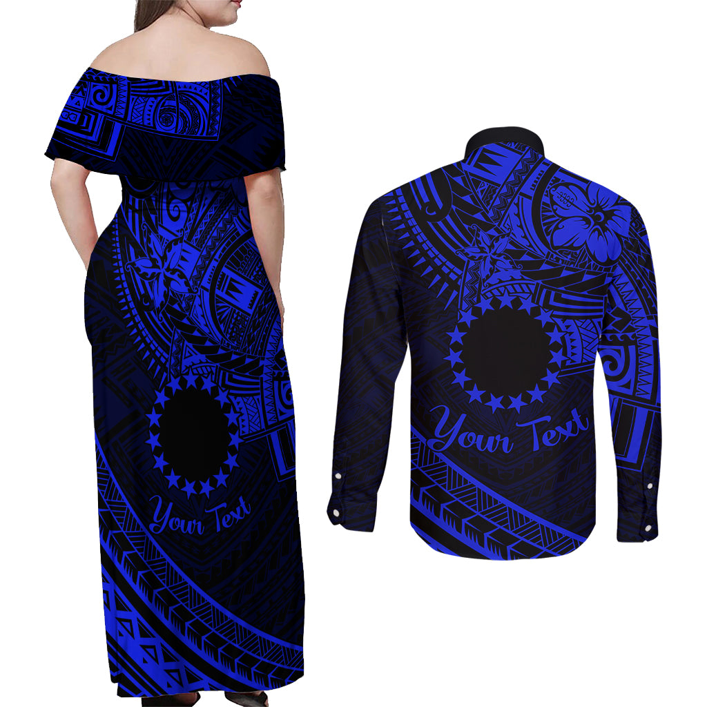 Kia Orana Cook Islands Couples Matching Off Shoulder Maxi Dress and Long Sleeve Button Shirt Circle Stars With Floral Navy Blue Pattern LT01 - Polynesian Pride