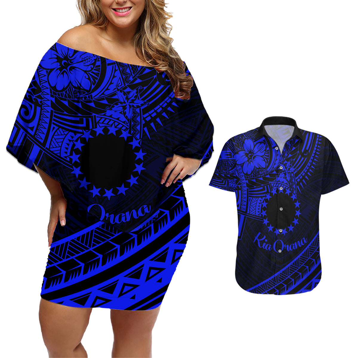 Kia Orana Cook Islands Couples Matching Off Shoulder Short Dress and Hawaiian Shirt Circle Stars With Floral Navy Blue Pattern LT01 Blue - Polynesian Pride