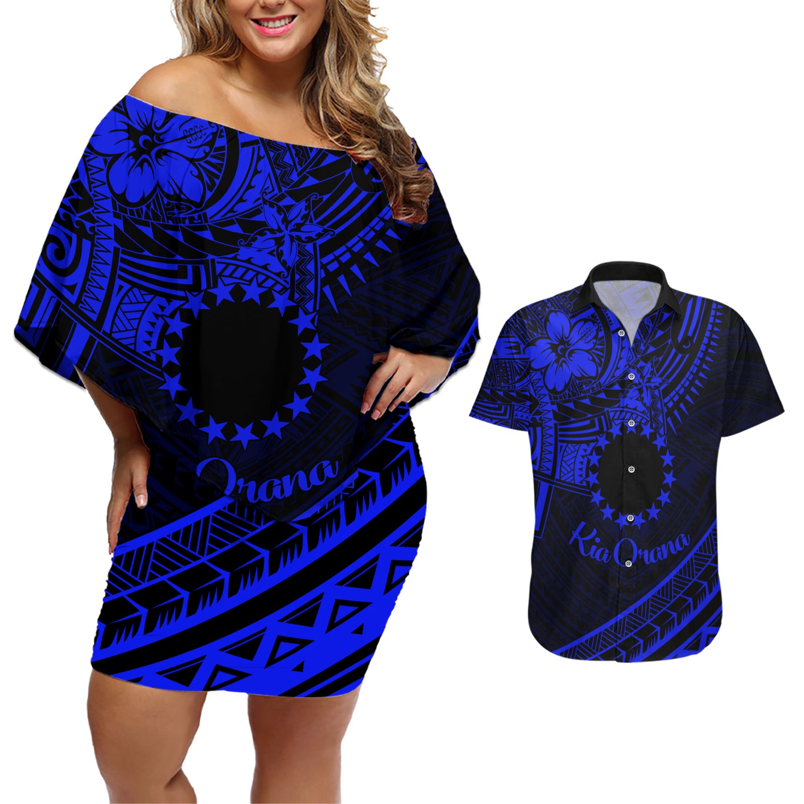 Kia Orana Cook Islands Couples Matching Off Shoulder Short Dress and Hawaiian Shirt Circle Stars With Floral Navy Blue Pattern LT01 Blue - Polynesian Pride