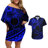 Kia Orana Cook Islands Couples Matching Off Shoulder Short Dress and Hawaiian Shirt Circle Stars With Floral Navy Blue Pattern LT01 Blue - Polynesian Pride