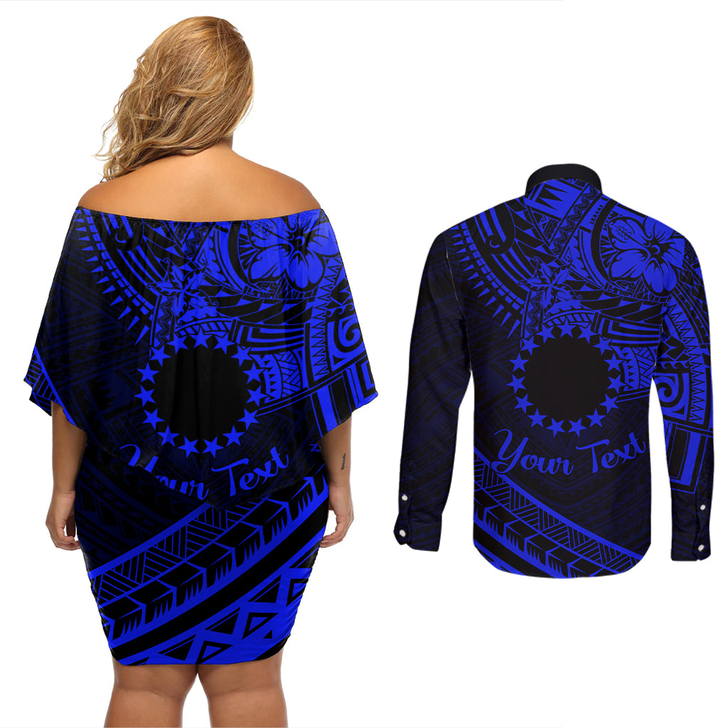 Kia Orana Cook Islands Couples Matching Off Shoulder Short Dress and Long Sleeve Button Shirt Circle Stars With Floral Navy Blue Pattern LT01 - Polynesian Pride
