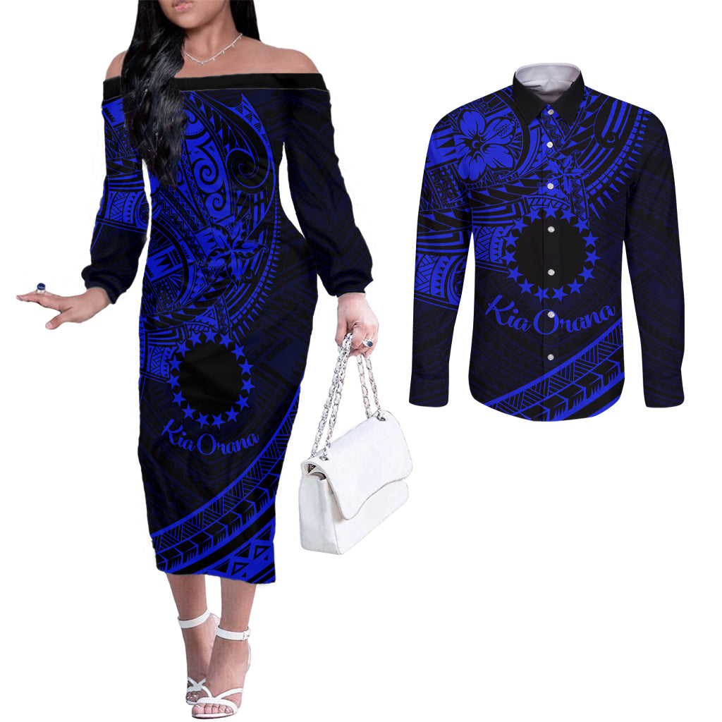 Kia Orana Cook Islands Couples Matching Off The Shoulder Long Sleeve Dress and Long Sleeve Button Shirt Circle Stars With Floral Navy Blue Pattern LT01 Blue - Polynesian Pride