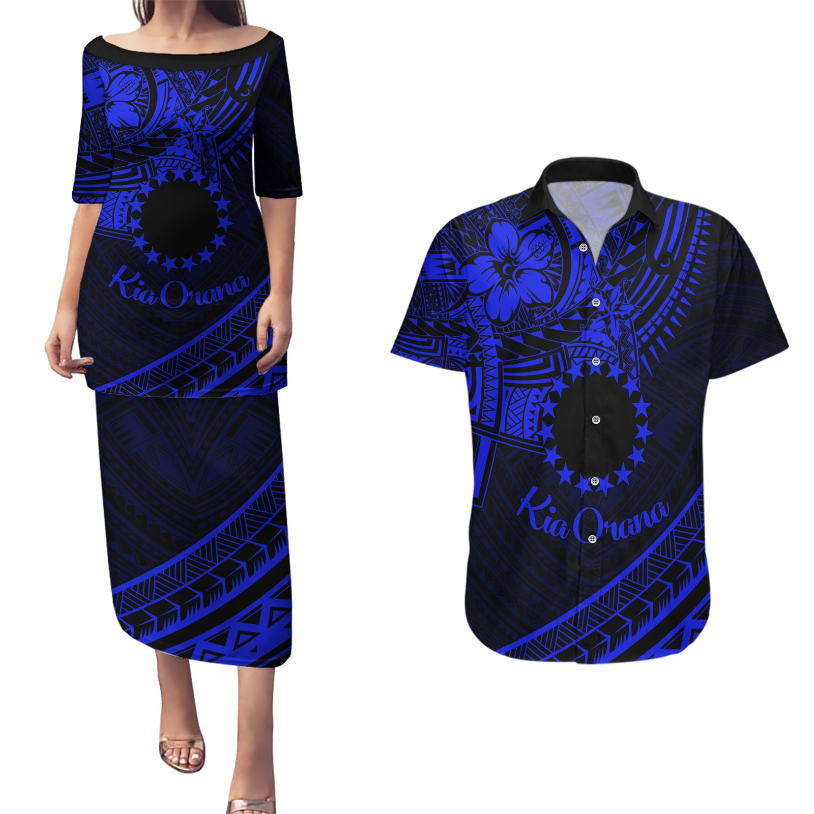 Kia Orana Cook Islands Couples Matching Puletasi Dress and Hawaiian Shirt Circle Stars With Floral Navy Blue Pattern LT01 Blue - Polynesian Pride