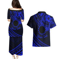 Kia Orana Cook Islands Couples Matching Puletasi Dress and Hawaiian Shirt Circle Stars With Floral Navy Blue Pattern LT01 - Polynesian Pride