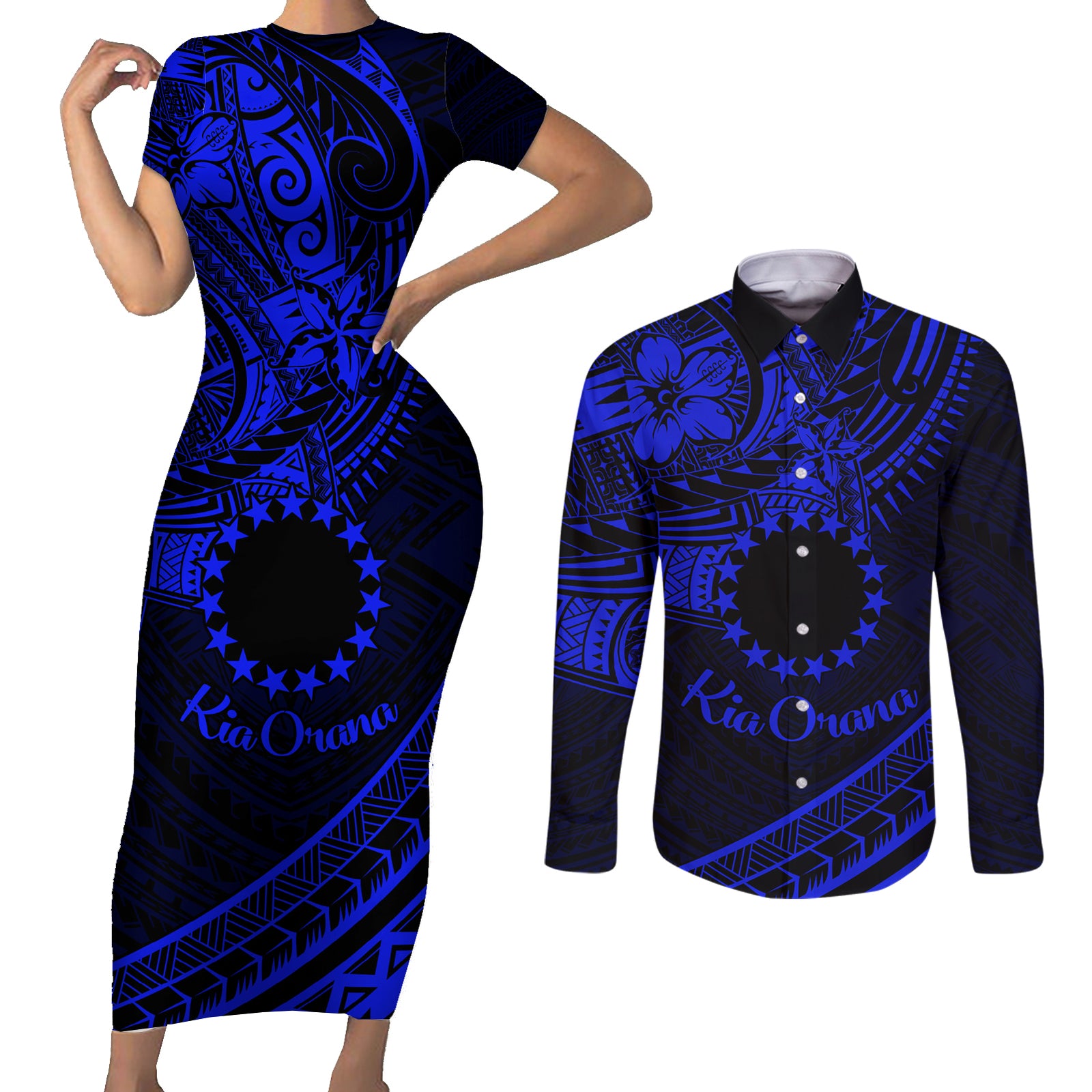 Kia Orana Cook Islands Couples Matching Short Sleeve Bodycon Dress and Long Sleeve Button Shirt Circle Stars With Floral Navy Blue Pattern LT01 Blue - Polynesian Pride