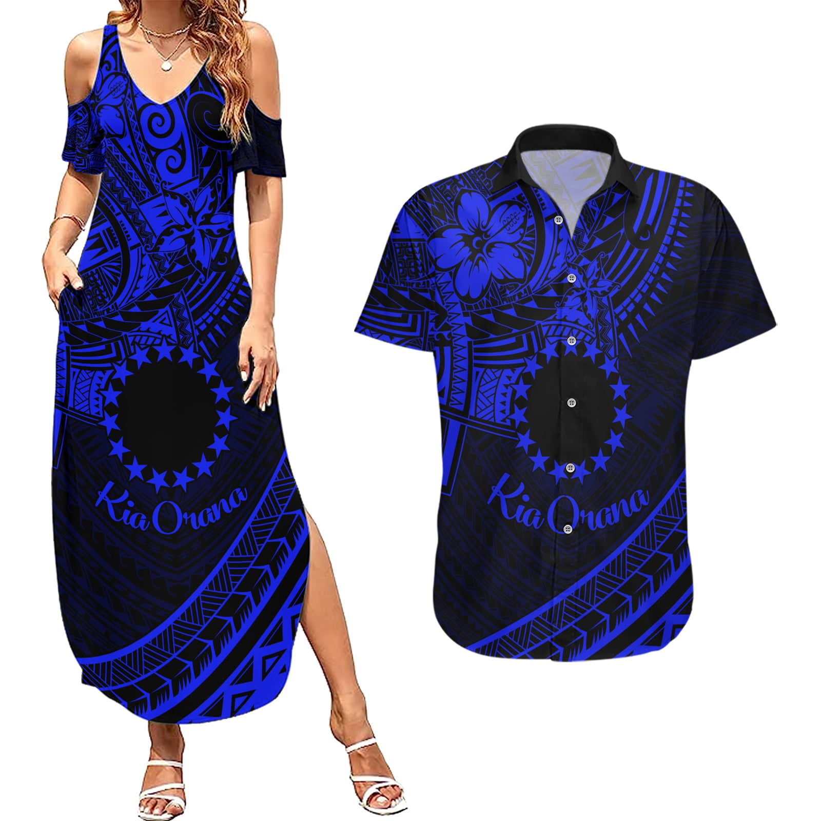 Kia Orana Cook Islands Couples Matching Summer Maxi Dress and Hawaiian Shirt Circle Stars With Floral Navy Blue Pattern LT01 Blue - Polynesian Pride