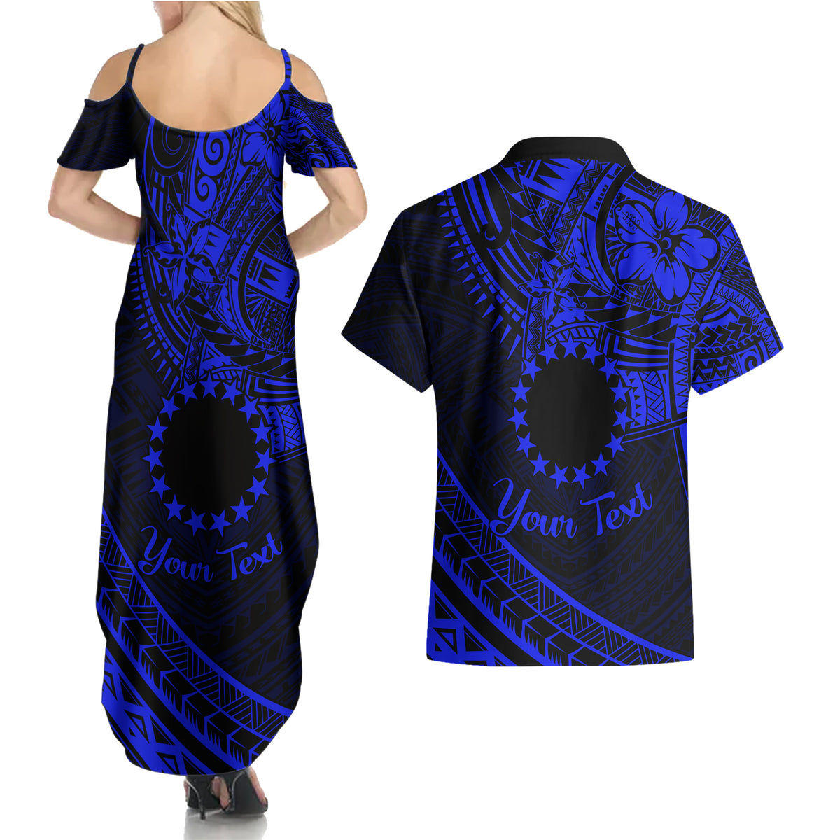 Kia Orana Cook Islands Couples Matching Summer Maxi Dress and Hawaiian Shirt Circle Stars With Floral Navy Blue Pattern LT01 - Polynesian Pride