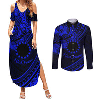 Kia Orana Cook Islands Couples Matching Summer Maxi Dress and Long Sleeve Button Shirt Circle Stars With Floral Navy Blue Pattern LT01 Blue - Polynesian Pride