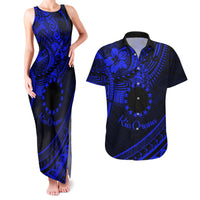 Kia Orana Cook Islands Couples Matching Tank Maxi Dress and Hawaiian Shirt Circle Stars With Floral Navy Blue Pattern LT01 Blue - Polynesian Pride