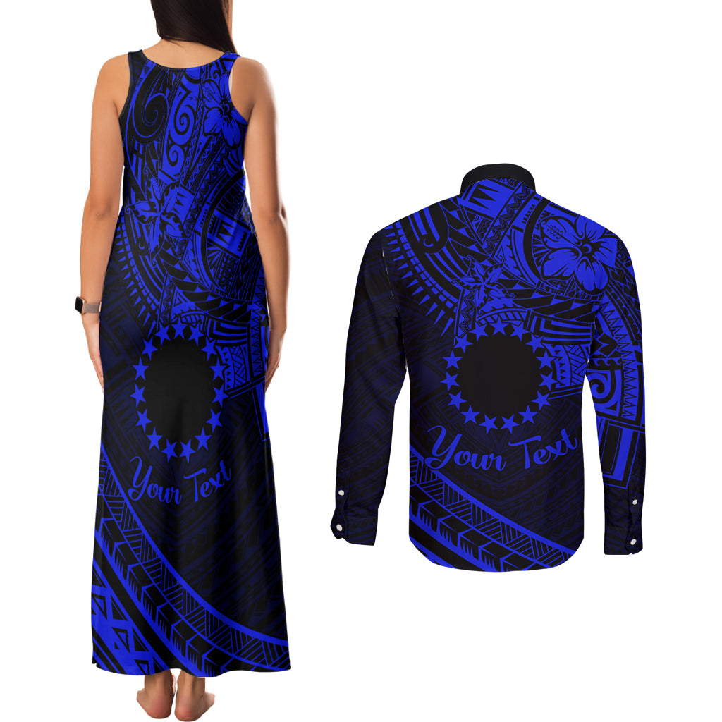 Kia Orana Cook Islands Couples Matching Tank Maxi Dress and Long Sleeve Button Shirt Circle Stars With Floral Navy Blue Pattern LT01 - Polynesian Pride