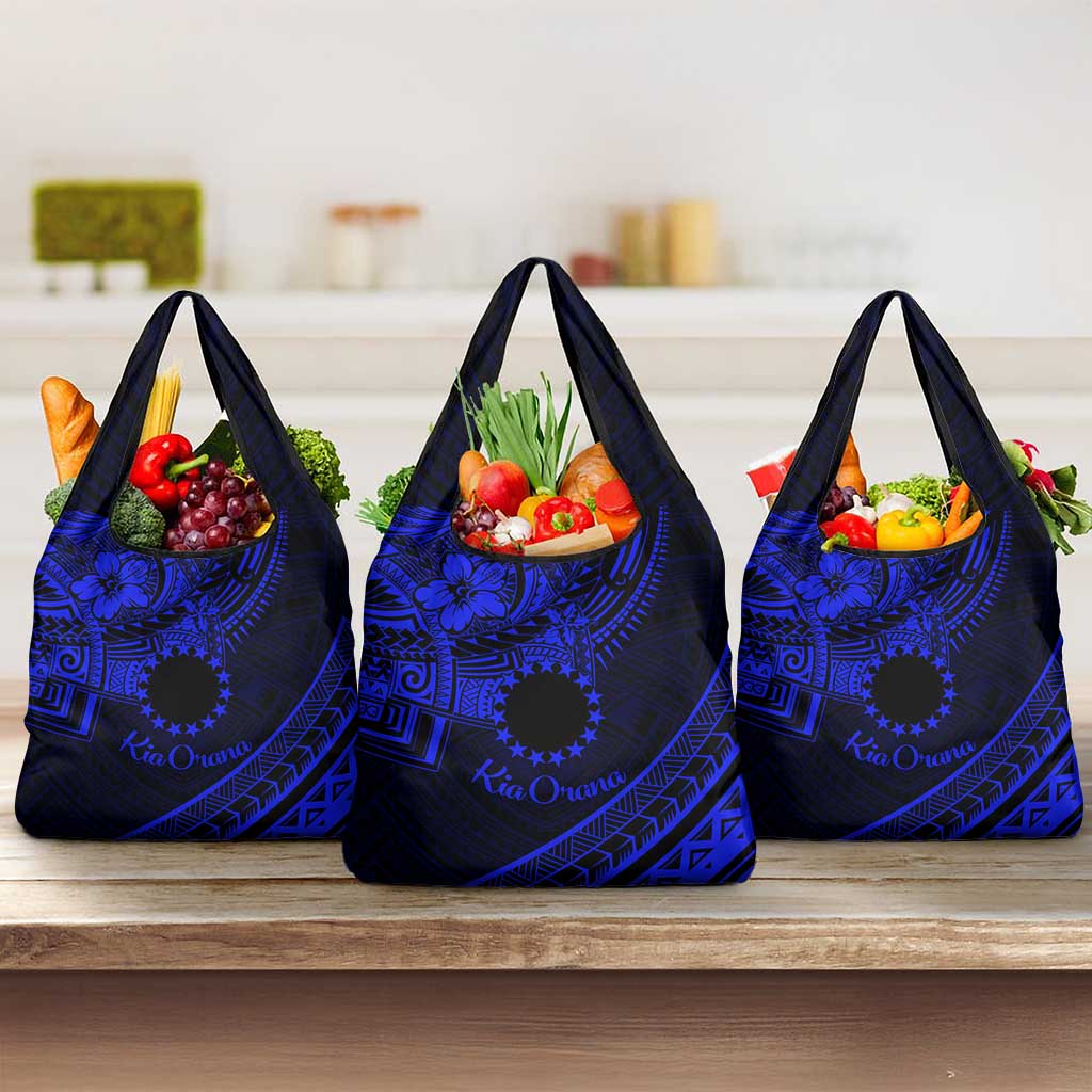 Kia Orana Cook Islands Grocery Bag Circle Stars With Floral Navy Blue Pattern