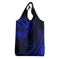 Kia Orana Cook Islands Grocery Bag Circle Stars With Floral Navy Blue Pattern