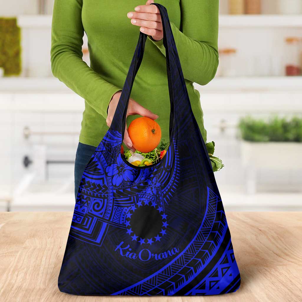 Kia Orana Cook Islands Grocery Bag Circle Stars With Floral Navy Blue Pattern