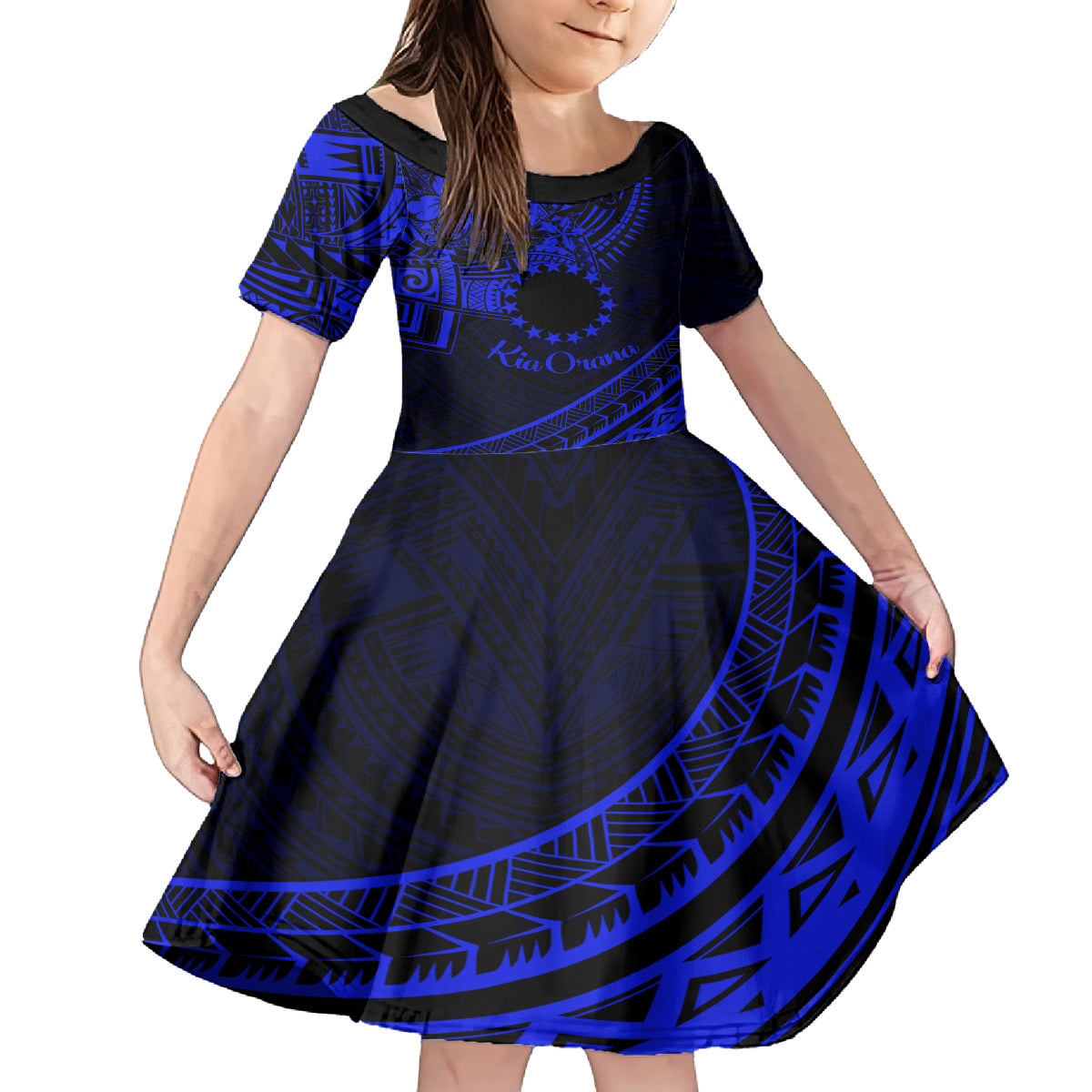 Kia Orana Cook Islands Kid Short Sleeve Dress Circle Stars With Floral Navy Blue Pattern LT01 KID Blue - Polynesian Pride