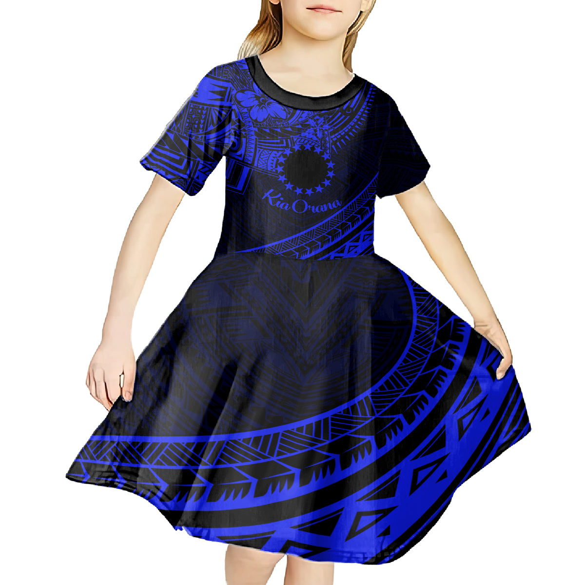 Kia Orana Cook Islands Kid Short Sleeve Dress Circle Stars With Floral Navy Blue Pattern LT01 - Polynesian Pride
