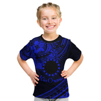 Kia Orana Cook Islands Kid T Shirt Circle Stars With Floral Navy Blue Pattern LT01 Blue - Polynesian Pride