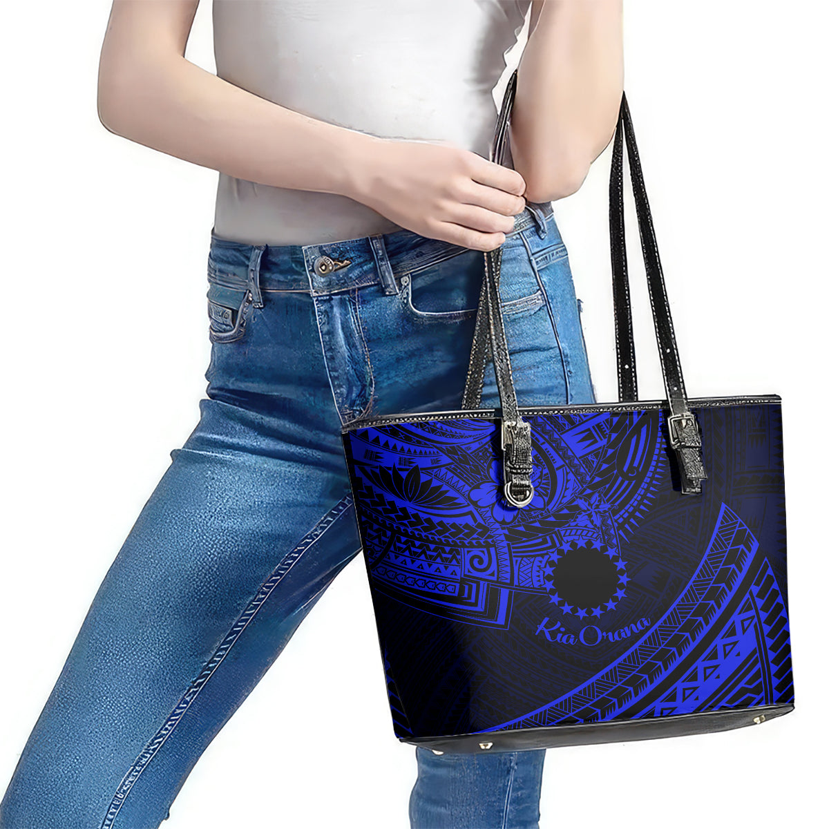 Kia Orana Cook Islands Leather Tote Bag Circle Stars With Floral Navy Blue Pattern LT01 - Polynesian Pride