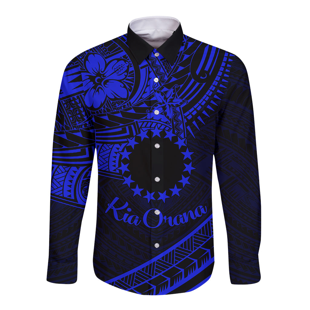 Kia Orana Cook Islands Long Sleeve Button Shirt Circle Stars With Floral Navy Blue Pattern LT01 Unisex Blue - Polynesian Pride