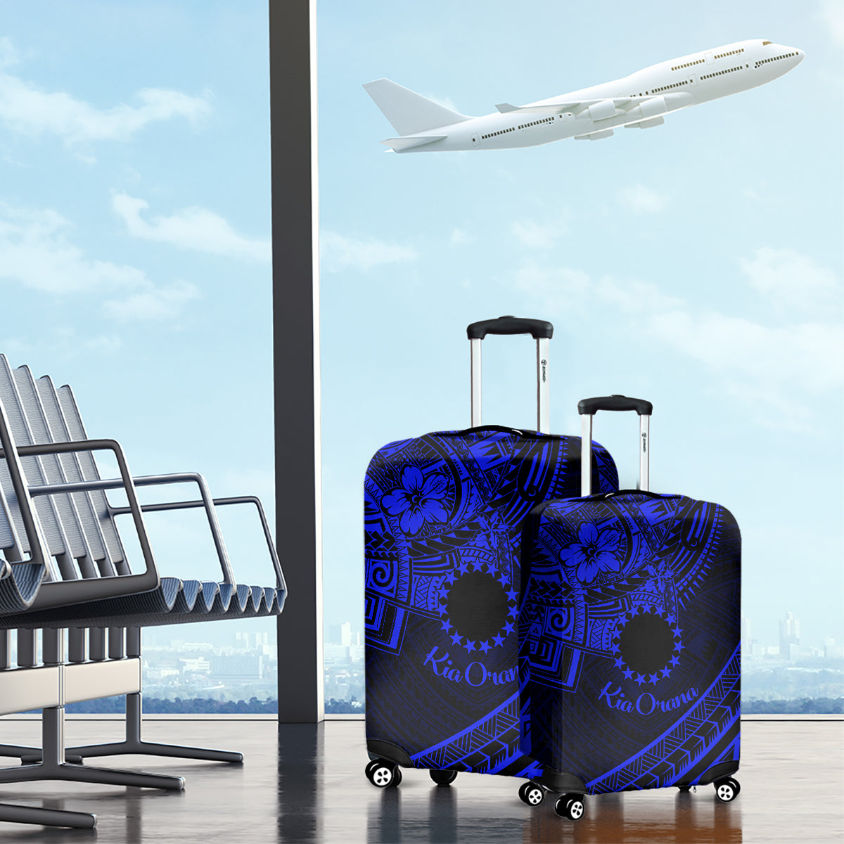 Kia Orana Cook Islands Luggage Cover Circle Stars With Floral Navy Blue Pattern LT01 - Polynesian Pride