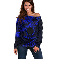 Kia Orana Cook Islands Off Shoulder Sweater Circle Stars With Floral Navy Blue Pattern LT01 Women Blue - Polynesian Pride